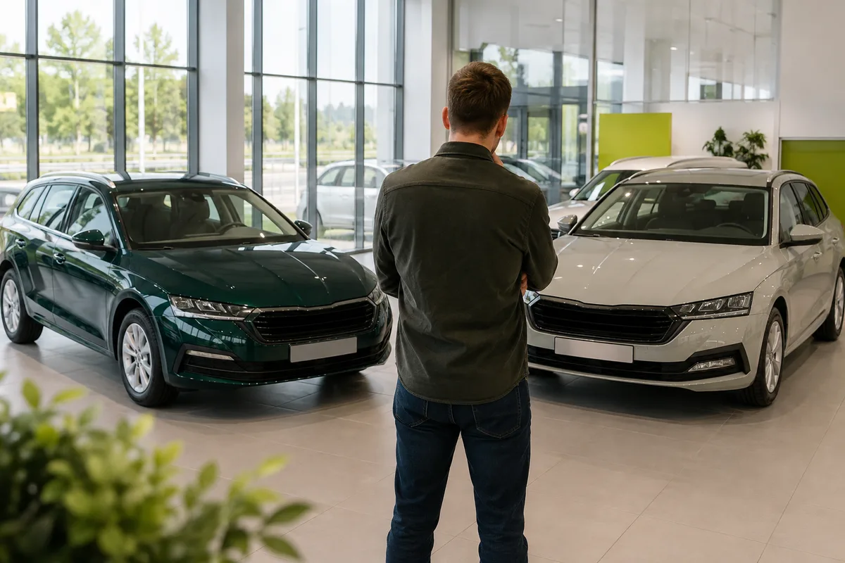Zákazník porovnává dvě vozidla v autosalonu